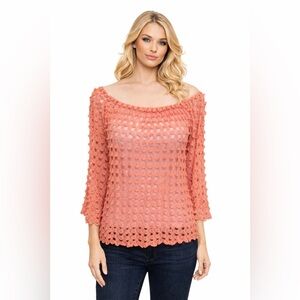 Women’s Emma Rose 3/4 Sleeve Peach Crochet Blouse Top PTP 20” Missing Size